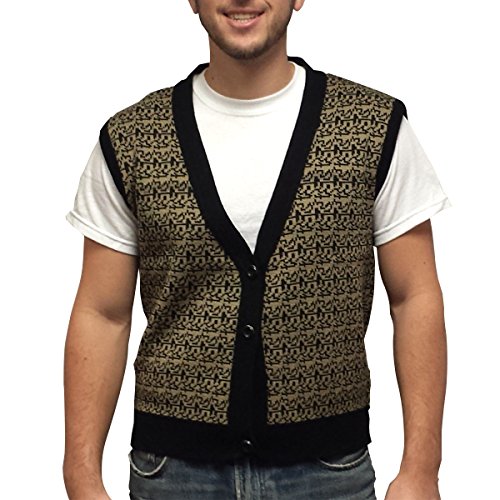 My Party Shirt Ferris Bueller Sweater Vest - Costume & Everyday Wear 80s Movie Halloween Outfit - Black & Gold Patterned Knit