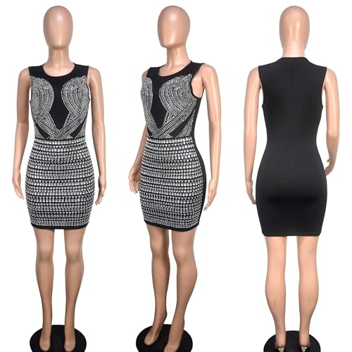 Image of PORRCEY Women's Sexy Elegant Rhinestone Mesh Party Club Night Mini Dress