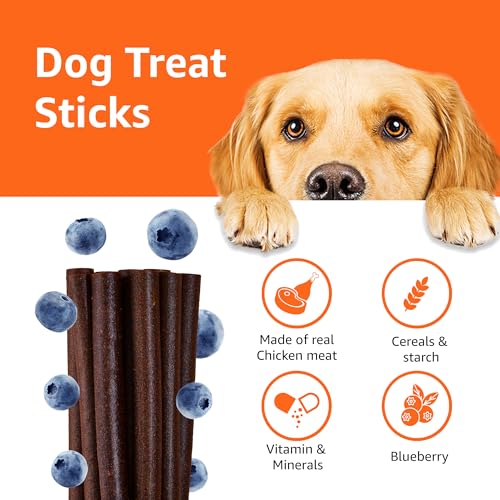 Image of Amazon Basics Dog Treat Sticks 140 gm, Chewy Meat Sticks for Adult Dogs and Puppies, High Protein Dog Treats for Training and Snacks, Made of Real Chicken Meat, Ziplock Pack, Blueberry Flavor