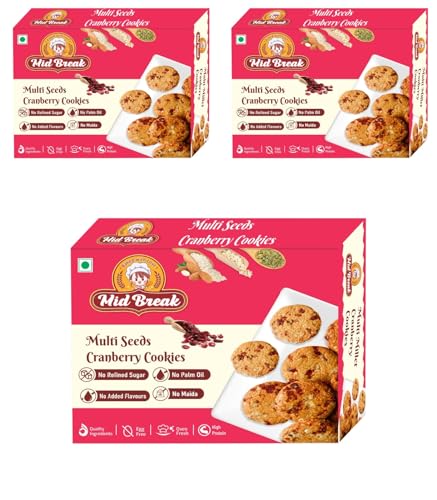 Image of Midbreak Premium Millet Biscuits 200g | Multi Seeds Cranberry Oats Cookies | Gluten-Free No Refined Sugar | Sorghum, Almond & Oats Flour Healthy Snack- Pack of 3