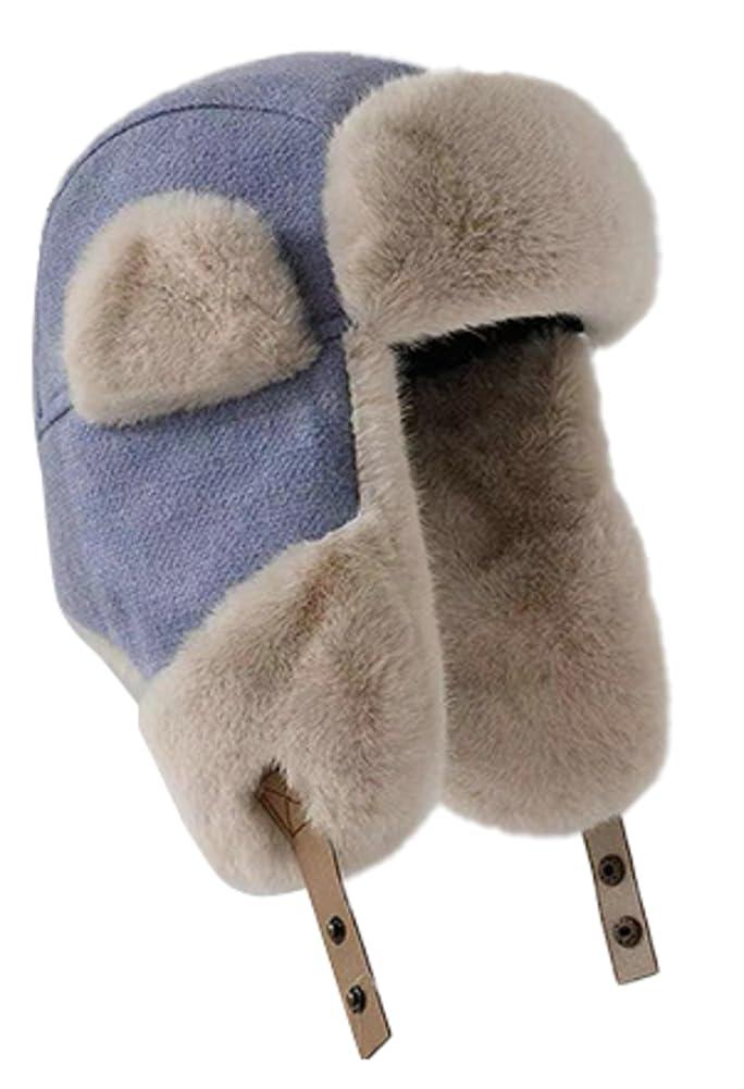 Cute Trapper Hat for Women Men Furry Aviator Hat Faux Fur Ushanka Hat Russian Hats Winter Fur Hunting Ski Cap with Ear Flaps Blue