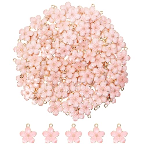 Tupalizy 100PCS Small Flower Enamel Charms Cherry Blossom Decor Gold Plated Pendant for Bracelets Necklaces Earrings Jewelry Making Findings Purse Keychains DIY Crafts Handmade Gifts Accessories 17x14mm Pink