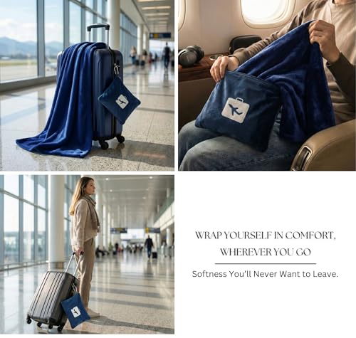 Image of VAS COLLECTIONS Travel Pillow Blanket 2-in-1, Ultra Soft Flannel Blanket with Carry Case, 65x40 Inches, Compact Portable Travel Blanket for Flights, Camping and Travel Comfort (Navy Blue)