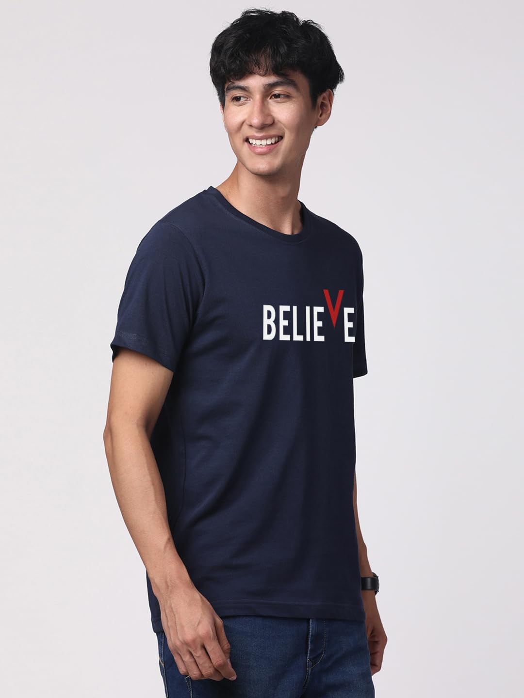 ADRO 100% bawełna licra t-shirt męski 3-częściowy krój normalny krój T-shirt z nadrukiem, okrągły dekolt, pół rękawa