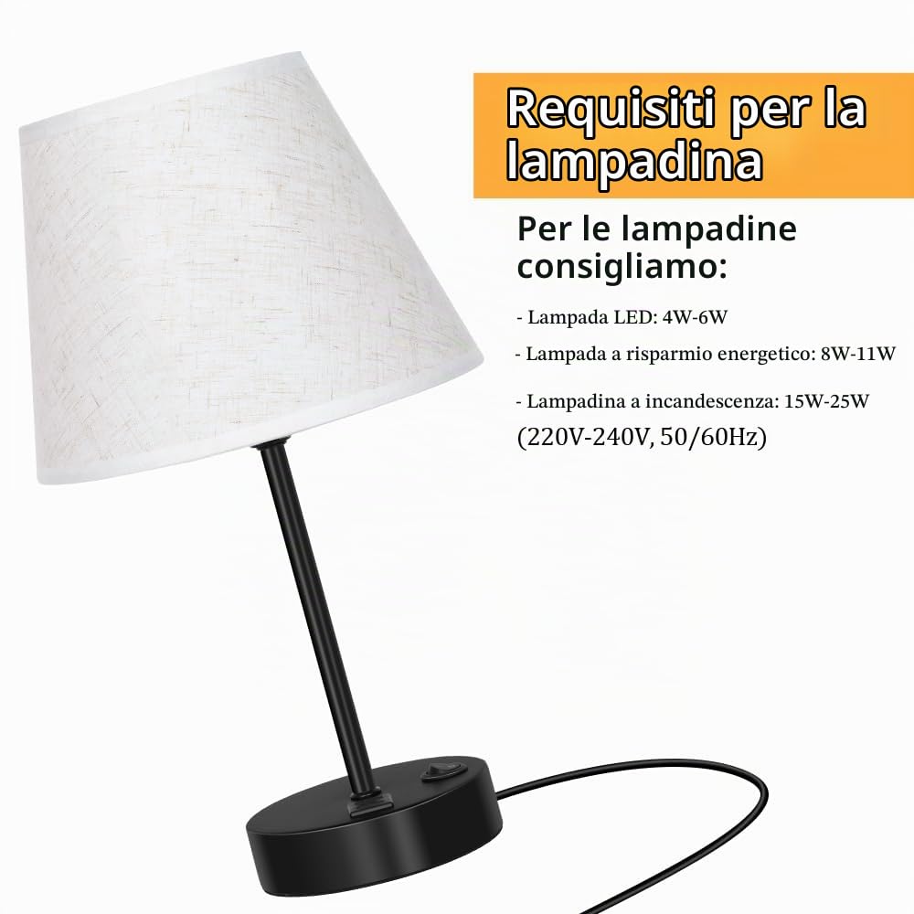 LIANTRAL Set di 2 lampade da comodino con 2 porte USB, E27, lampada da tavolo moderna, Paralume in tessuto, base in metallo, lampada da tavolo per camera da letto, soggiorno, ufficio