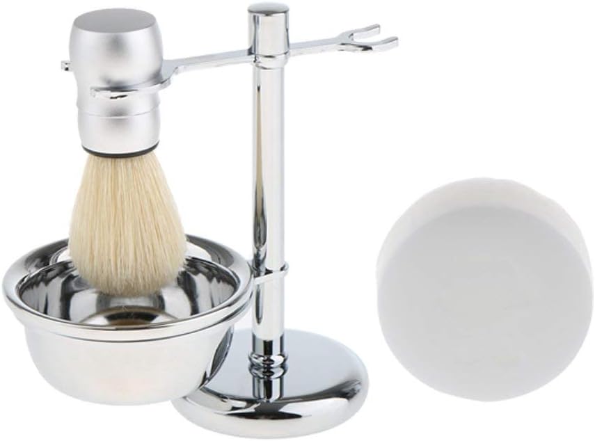 4 in 1 Men's Shaving Kit Soft Nylon Hair Brush + Stainless Steel Shaver Holder Stand & Bowl/Mug + Soap