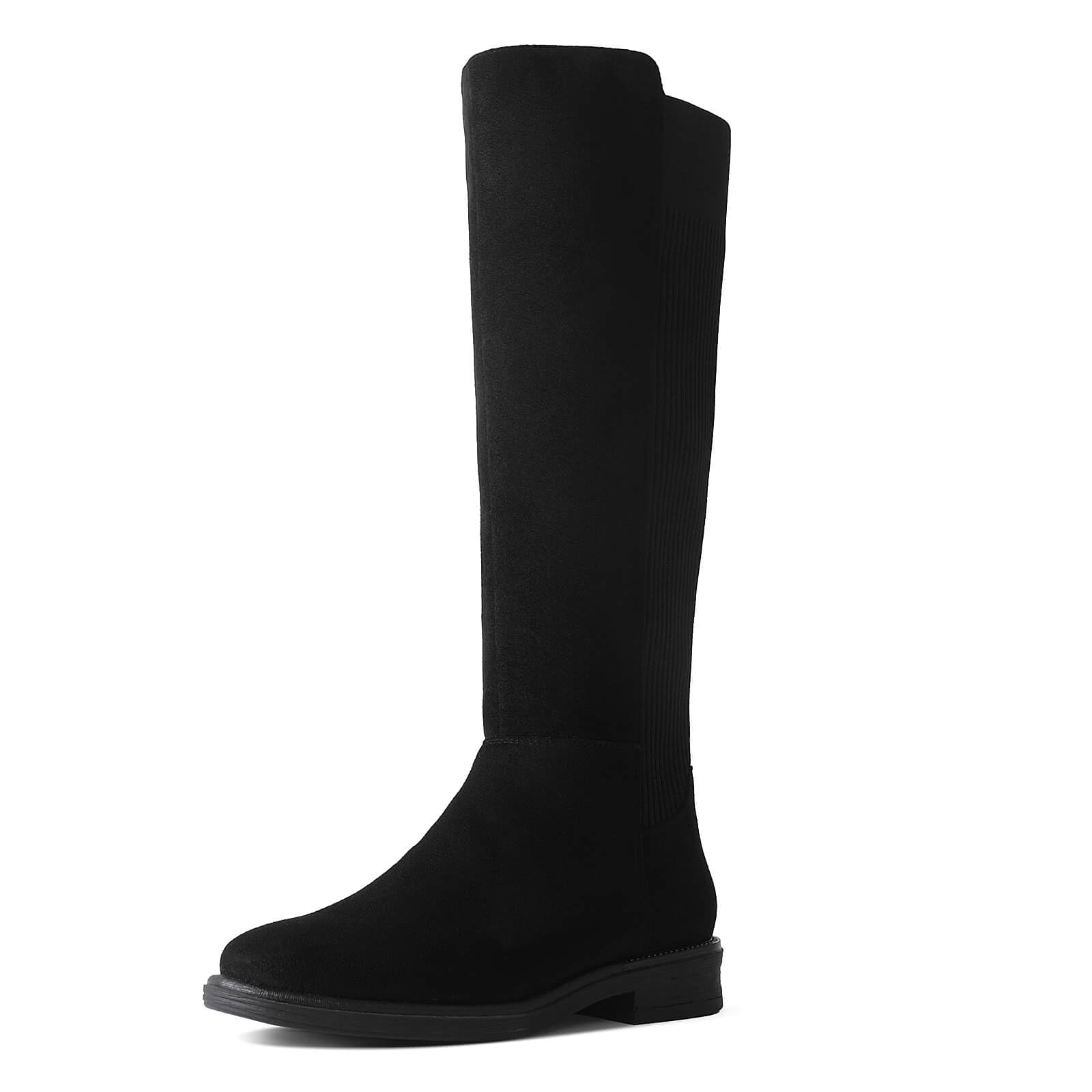ShoeN Tale Womens Knee High Boots Flat Low Heel Stretchy Round Toe with Side Zipper
