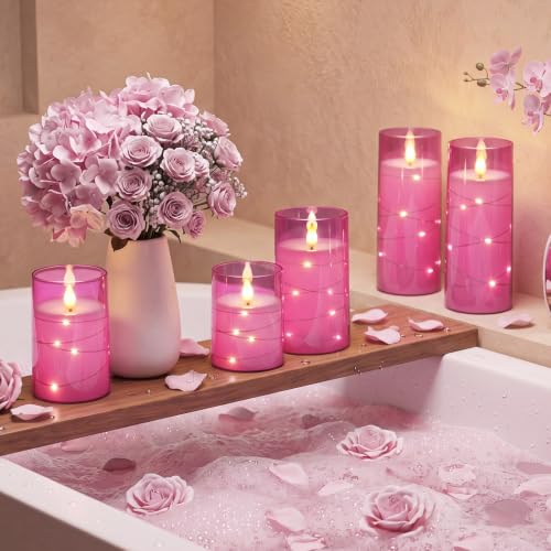 Image of Homemory Flickering Flameless Candles, Pink LED Pillar Candles with Remote | Acrylic Battery Operated Timer Candles with Embedded Star String Lights for Dating, Christmas & Indoor Holiday Home Decor