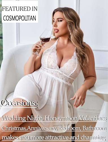 Image of Avidlove Women Plus Size Babydoll Lingerie Lace Chemise Mesh Sleepwear | Sexy Plus-sized Teddies V Neck Sheer Mesh Lace Babydoll Lingerie Dress Teddy Chemise Nighty Sleepwear L-5XL