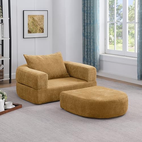 Arhatreya Colchón plegable comprimible, sofá cama plegable con reposabrazos extraíbles, cama de suelo portátil todo en uno, antideslizante, no requiere montaje, chenilla, amarillo