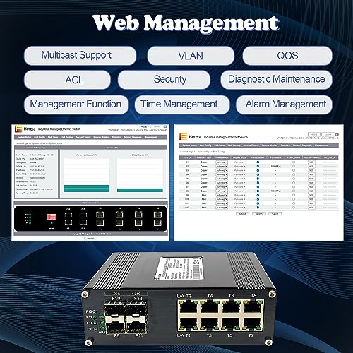 Image of Industrial 12 Port Gigabit Ethernet Switch, L2+ Managed 8 Port Hardened Fiber Switch with 4 SFP Slots, IP40 Rated, Support 12~48V DC, Wide Operation Temperature (- 40F -176 F) for Harsh Environments