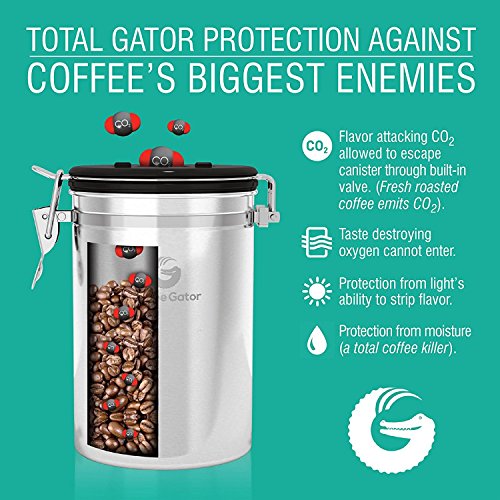 Image of Coffee Gator Coffee Canister, Airtight Stainless Steel Kitchen Food Storage Container with Date Tracker, Scoop for Sugar, Grounds Coffee, Beans,Tea, Sugar, Cereal, Flour, Cookies Jars (Orange, 22oz)