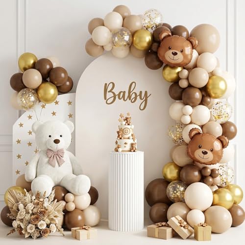 Image of RUBFAC Brown Balloon Garland Arch Kit 129pcs Different Sizes Pack of 18 12 10 5 Inch, Latex Light Brown Coffee Sand White Cream Beige Confetti Gold Balloon Garland Arch Kit for Neutral Boho Bear