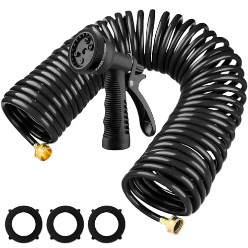 Pangda 100 Ft x 3/8 Coil Garden Hose EVA Recoil Garden Self Coiling Expanding Water Hose with 6 Function Spray Nozzle Universal 3/4 Brass Connector Fitting for Outdoor Yard(Black)
