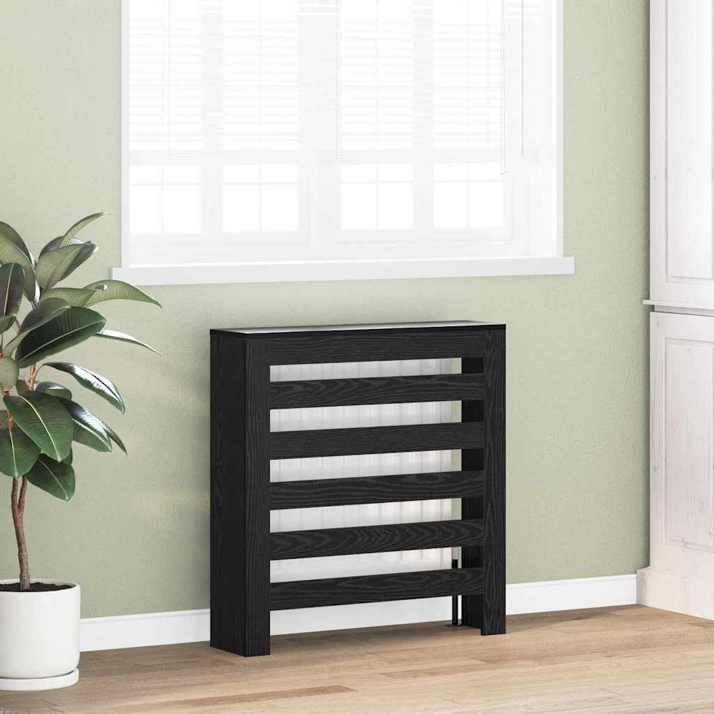 Heizkörperabdeckung Schwarz Eichen-Optik aus Holzwerkstoff 78 x 20 x 82 cm, vertikales Latten-Design, mit oberem Regalfach, für Wohnzimmer Wärme regulierung
