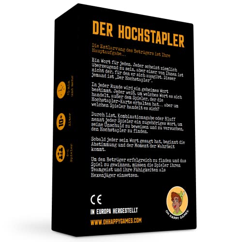 Oh Happy Games - Der Hochstapler - 110 Karten Wortspiel - Bluff und Verdacht - Können Sie Ihn Entlarven? - Kartenspiel ab 10 Jahren - Gesellschaftsspiel Familie und Erwachsene - 4-6 Spieler