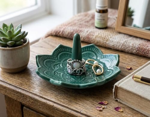 Image of Small Green Mandala Ring Holder Dish, Trinket Dish Jewellery Holder Ring Stand, Ceramic Decorative Ring Holder, Gifts for Women, Female Friend, Birthday Christmas Wedding Valentines' Present