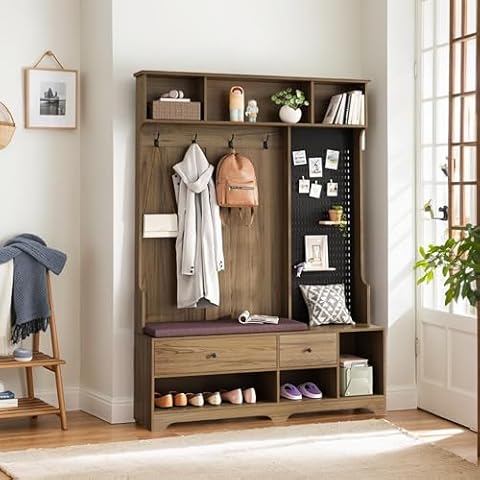 Msutree 5-in-1 Hall Tree with Bench and Shoe Storage for Entryway, Farmhouse Entryway Bench with Coat Rack and Pegboard, Entrance Organizer with Shoe Cubbies and 4 Coat Hooks for Hallway, Brown Cover