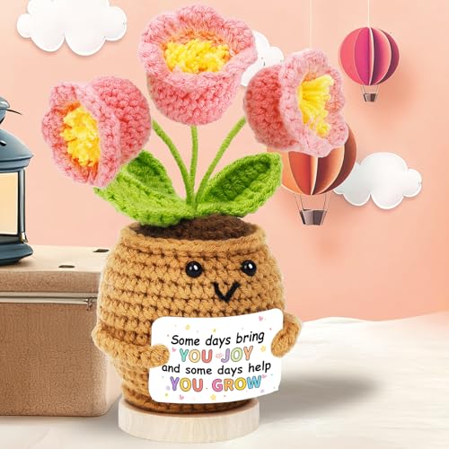 Image of Hoedia Handmade Positive Flower Crochet - Inspirational Gift for Women Coworkers Teens Friend Sister - Cute Cheer Up Mother's Day Easter,Birthday,Retirement,Goodbye Gifts
