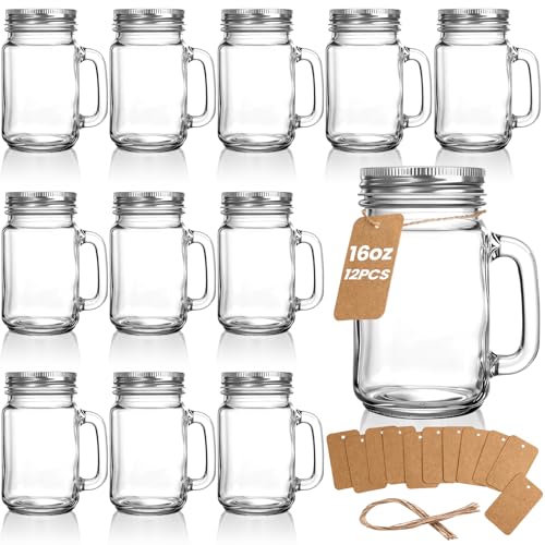 PIEMEET 12 Pack Mason Jar Cups, 16 oz Mason Jars with Handle and Lids, Reusable Glass Mugs, Glass Drinking Jars for Beverages Juice Cocktails Iced Tea Smoothies Party Favors