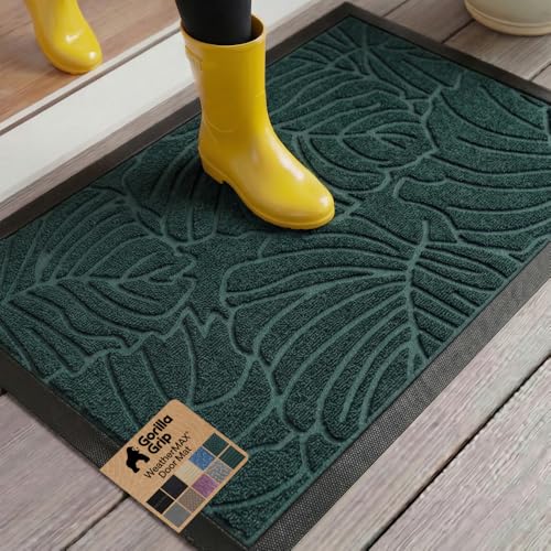 Gorilla Grip 100% Waterproof All-Season WeatherMax Doormat, 23x35, Durable Natural Rubber, Stain and Fade Resistant, Low Profile, Indoor Outdoor Door Mats, Easy Clean Patio Entrance Mat, Green Palm
