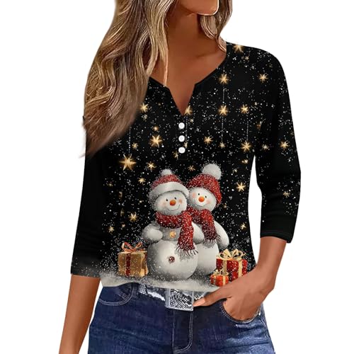 Image of Women Christmas Shirt 3 /4 Length Sleeve Henley Tops Xmas Outfits