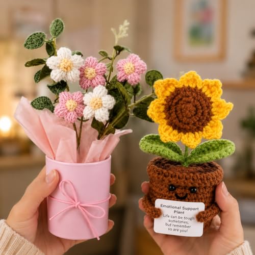 Image of Crochet Flower Bouquet & Emotional Support Sunflower Combo - Handmade Knitted Floral Gift Set | Aesthetic Mini Decor Combo