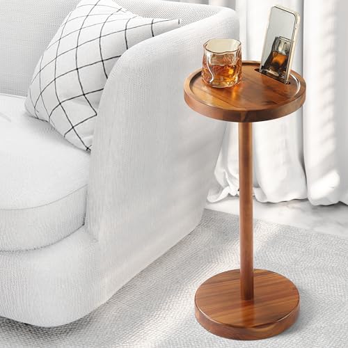 NAGAWOOD Pedestal Side Table, Acacia Drink Table with Weighted Base, Small Round Side Table for Small Spaces with Phone Holder, Martini & Cocktail Pedestal End Table for Living Room, RVs, Home Office