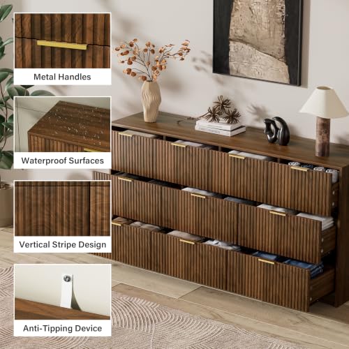 Image of Furniway Walnut 10 Drawer Dresser for Bedroom, 63 inch Wide Fluted Wood Dresser