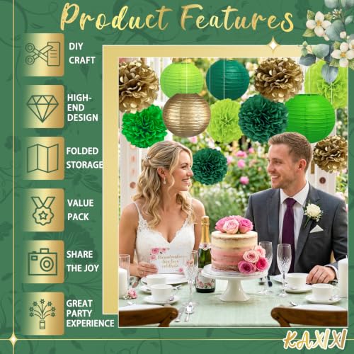 Image of KAXIXI 15-Pack Green and Gold Party Decorations, Paper Lanterns & Pom Poms