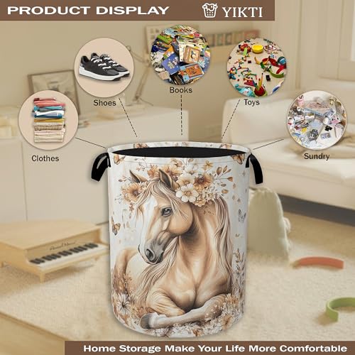 Image of Horse Laundry Basket,Gold Flower Butterfly Clothes Hamper,Oxford Cloth Collapsible Nursery Hamper Storage Organization for Bedroom,Bathroom,Office,College Dorms,16x20 Inch