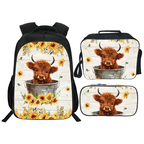 Highland Cow Backpack Sunflower Kids Bookbag 16inch Schoolbag With Lunch Box Bag And Pencil Case Set For Boys Girls