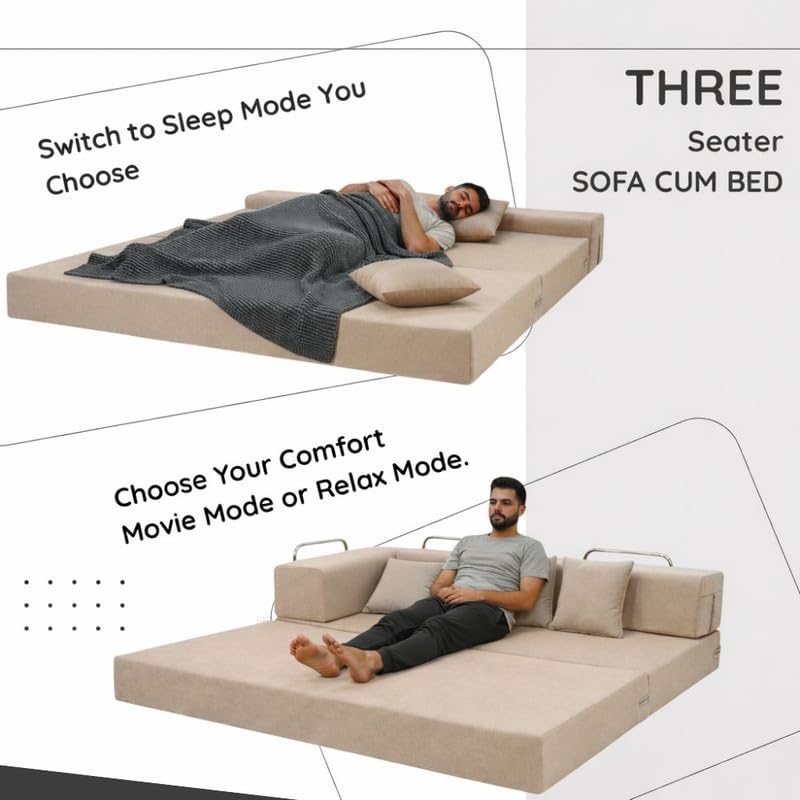 Image of Adorn India Easy Premium Modular 4 Seater Sofa Cum Bed | Velvet Suede Fabric | Colour Beige | Modern Design | Size 6x6 Fit | Comfortable for Seat & Sleep | Washable Cover | Perfect for Home & Office