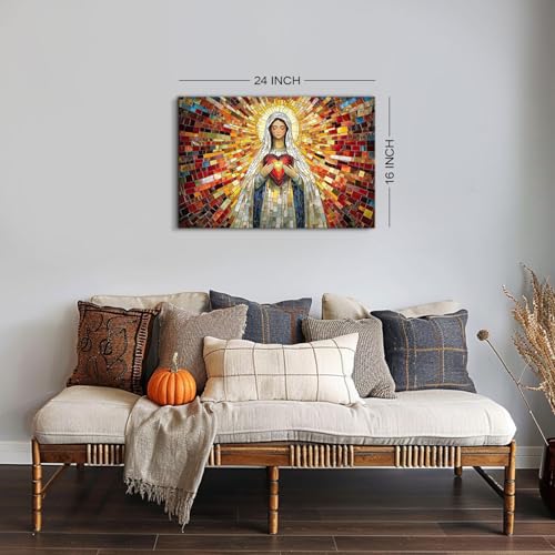Image of Abstract Stained Glass Virgin Mary Canvas Wall Art for Bedroom Christian Wall Decor Religious Sacred Heart Painting Modern Aesthetics Posters Framed Artwork for Living Room Bathroom Decorations 16x24 inch