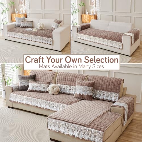 Image of HOKIPO 'BelleLace Series' Imperial Milk Velvet Sofa Cover Mat with Lace Design| Make Your Own Sofa Cover Set, Mat Length 90(D) x 120(L) cm, Mocha Brown (AR-5964-BRN)