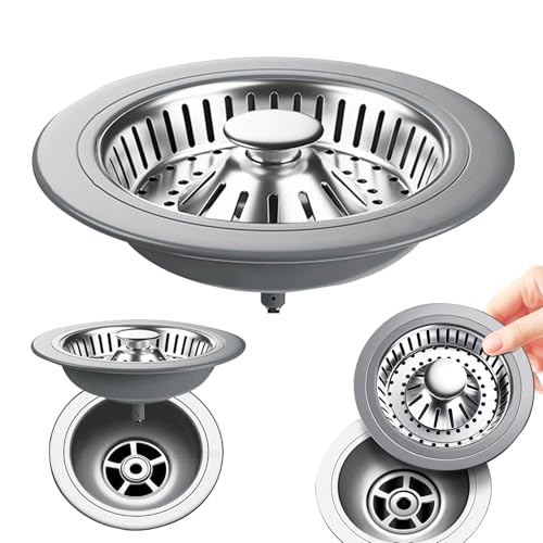 1 PCS Strainer Stainless Pop Up Drain Stopper 3 in 1 Kitchen Sink Strainer Push-Type Sink Plugs Pop up Sink Drainer Plug stainless steel drain plug For Food Waste Catcher.(Hole Diameter 76-81mm Slive)