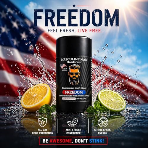Image of Deodorant for Men - Aluminum Free Men's Natural Deodorant - Long-Lasting Fresh Minty Strength with a Citrus Spark Scent, Stain-Free, Made in USA, 3.2oz - Freedom