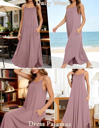 Image of SWOMOG Women Long Nightgown Pajama Dress Soft Strap Nightdress Summer Sleeveless Nightshirt Lounge Dress with Pockets