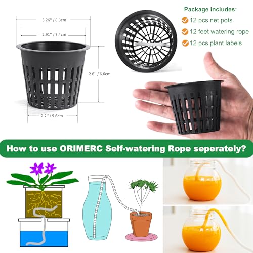 ORIMERC 12 Pack 3 inch Net Cups Pots with 12 feet Hydroponics Self Watering Wick & 12 Plant Labels Aquaponics Mason Jar Bucket Insert Orchid kratky Vegetable Garden Growing Netted Basket Slotted Mesh