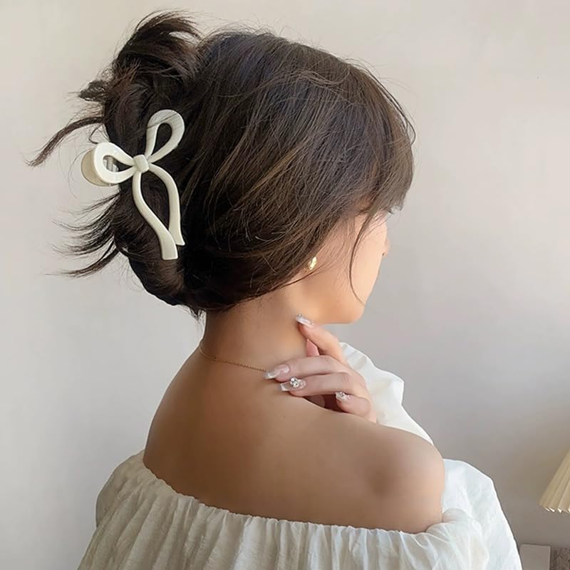 Bows Claw Clips 3Pcs for Women - Hair Clips for Thick Hair, 5.1" Claw Clips for Neutral Colors - White, Brown, Khaki - Image 4