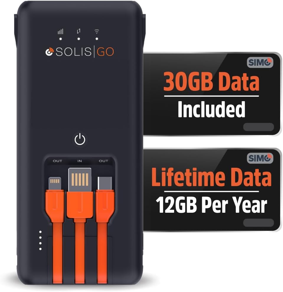 Solis Go, Mobile WiFi Hotspot & Powerbank with 1GB/Monthly + 30GB Data | Built-In Charging Cables, Travel WiFi in 140+ Countries, Auto-Switching 300+ Carriers, No SIM Required, No Contract Needed
