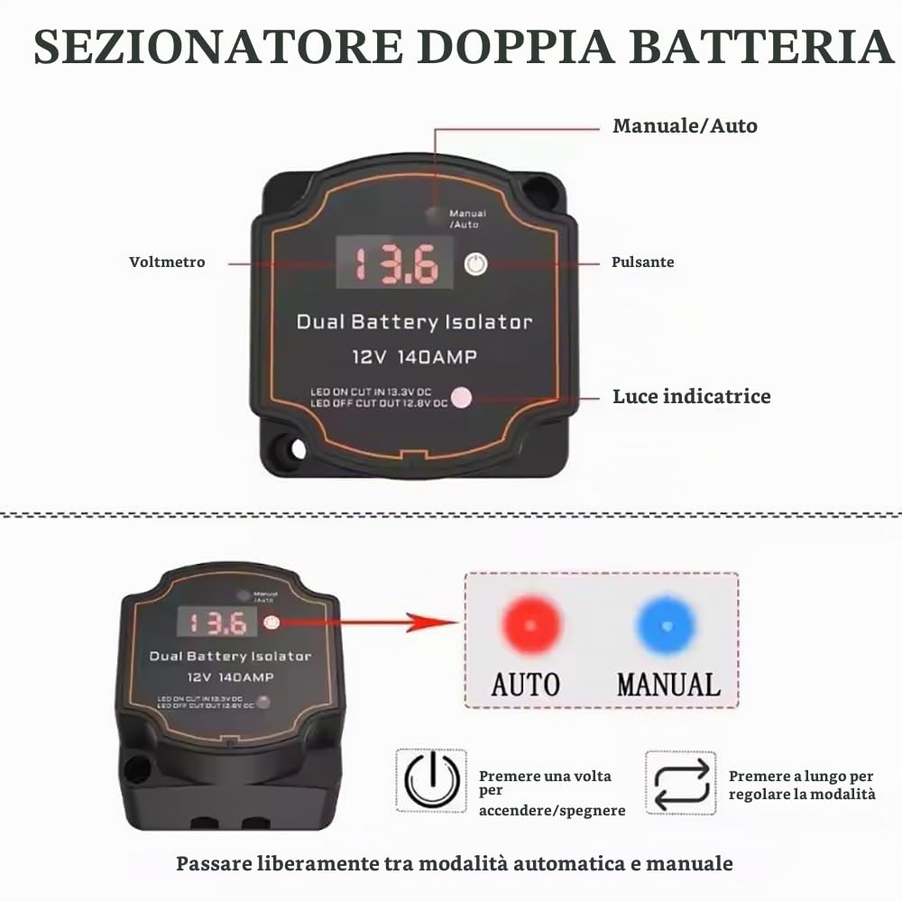 NEWFUN Kit Relè di Carica Divisa, Parallelatore Batteria 12v Camper, Kit Isolatore Doppia Batteria 12V 140A per Camper, Furgoni, Camion, SUV, RV, ATV, UTV, Barche (5M)