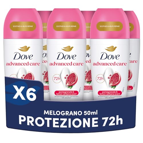 Dove, Deodorante Roll On Advanced Care Melograno, Deodorante Antitraspirante, Formula Delicata Con Tripla Azione Idratante, Protezione Fino a 72 Ore, Deodorante Uomo e Donna, 6 Pezzi da 50 ml