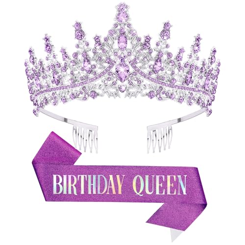 DRESHOW Birthday Crown and Sash for Women Birthday Queen Sash & Rhinestone Tiara Set Tiaras and Sashes for Girls Decorations Hair Accessories Glitter Shoulder Strap for Party