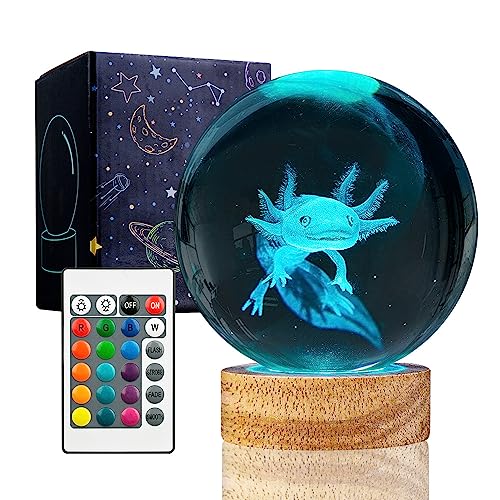 Image of 3D Axolotl Crystal Ball Night Light with Woodern Base,16 Colors with Remote Control Cool Desk Decor Gifts for Kids Friends (Axolotl-b)