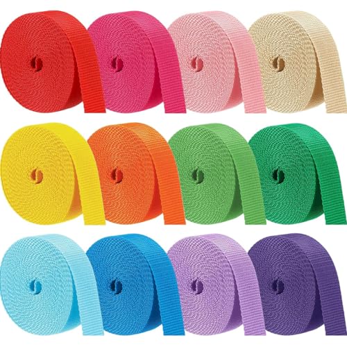 Wonninek Polypropylen Gurtband 12 Rollen 60M, 2,5 cm x 5 m, Robustes Gurtband, Sicherheitsgurtgurt zum Klettern, Basteln, Heimwerken, Gepäckgurt, Haustierhalsband, Rucksackreparatur, 12 Farben