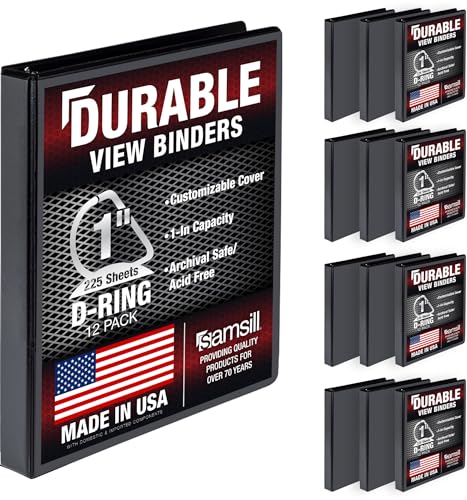 Samsill Durable 1 inch 3 Ring Binder, D Ring Binder, 100% Recycled Chipboard, Black, 12 Pack
