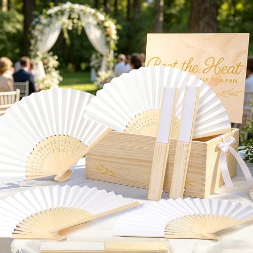 Aodaer White Paper Fan Set 120 Pack Folding Hand Fans with Organza Gift Bags Wooden Storage Box Display Sign and White Ribbon Handheld Fan for Wedding Favors Bridal Shower Party Supplies