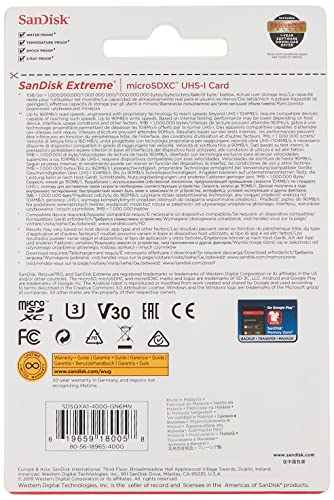 Image of SanDisk Extreme uSD,160MB /s R, 90MB /s W,C10,UHS,U3,V30,A2, 400GB, for 4K Video on Smartphones, Action Cams & Drones