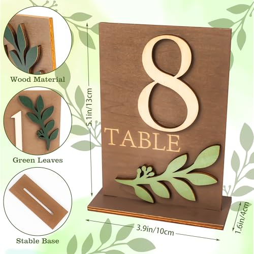 Image of Wedding Table Numbers 1-15 with Holders, Elegant Wood Table Numbers with Eucalyptus Leaves for Wedding Reception, Centerpiece Decoration, Event, Party